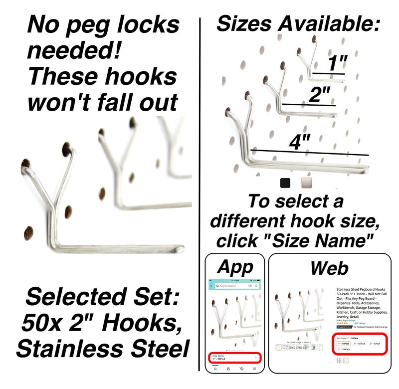Right Arrange Stainless Steel Pegboard Hooks 50-Pack 2" L Hook - Will Not Fall Out, Fits Any Peg Board - Organize Tools, Accessories, Workbench, Garage Storage, Kitchen, Crafts, Jewelry, Retail - Image 2